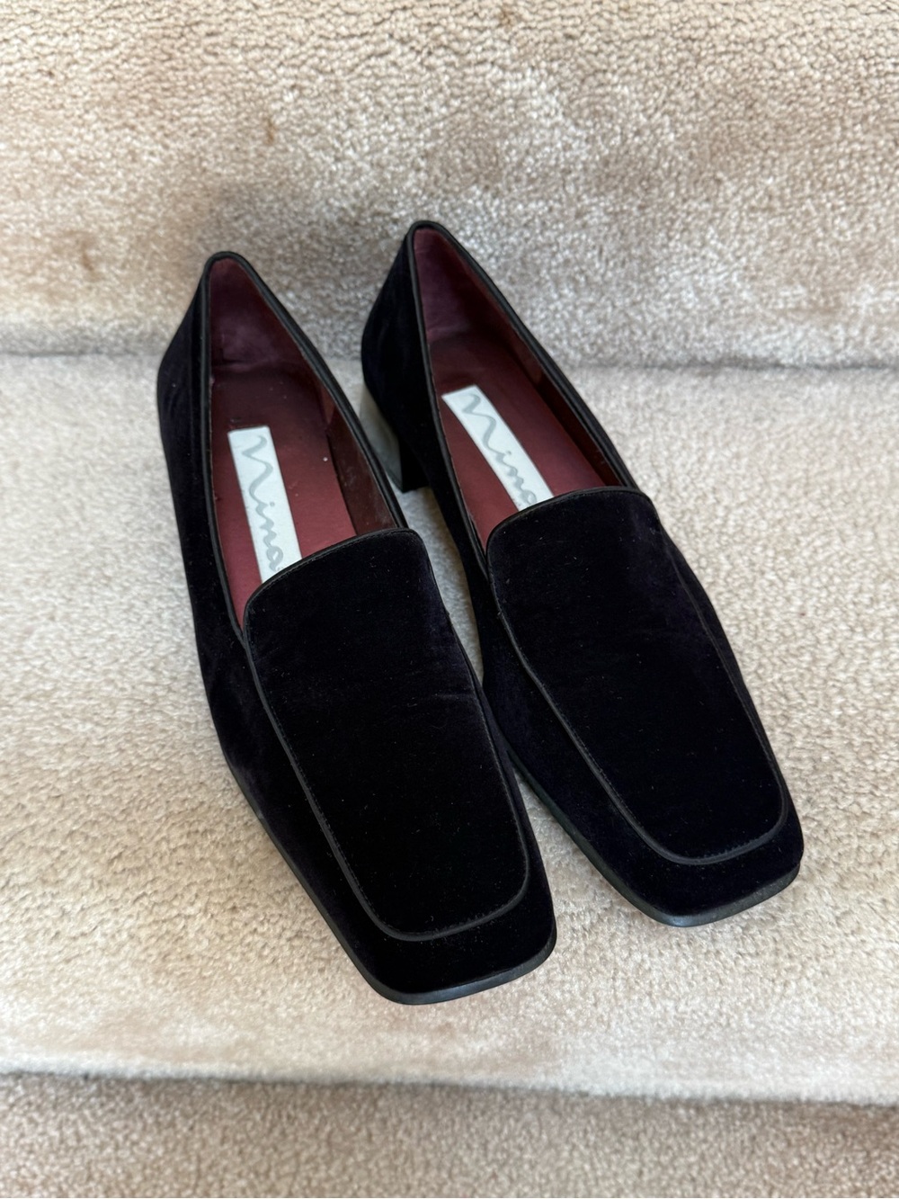Nina Black Velvet Square-Toe Low Heel Pumps